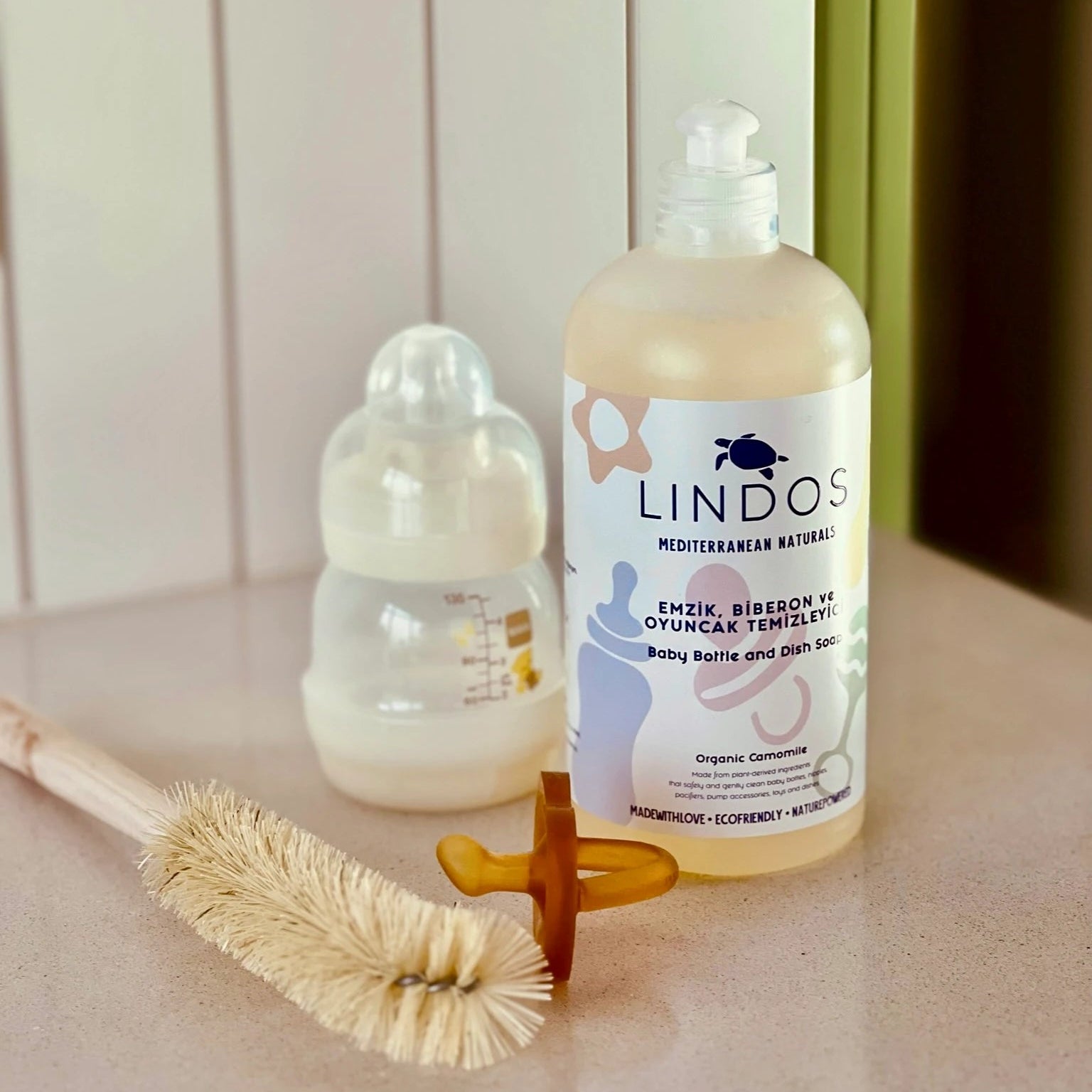 Lindos Naturals Emzik Biberon ve Oyuncak Temizleme Seti – Bebek aksesuarları için doğal bitkisel temizleyici ve ahşap biberon fırçası seti