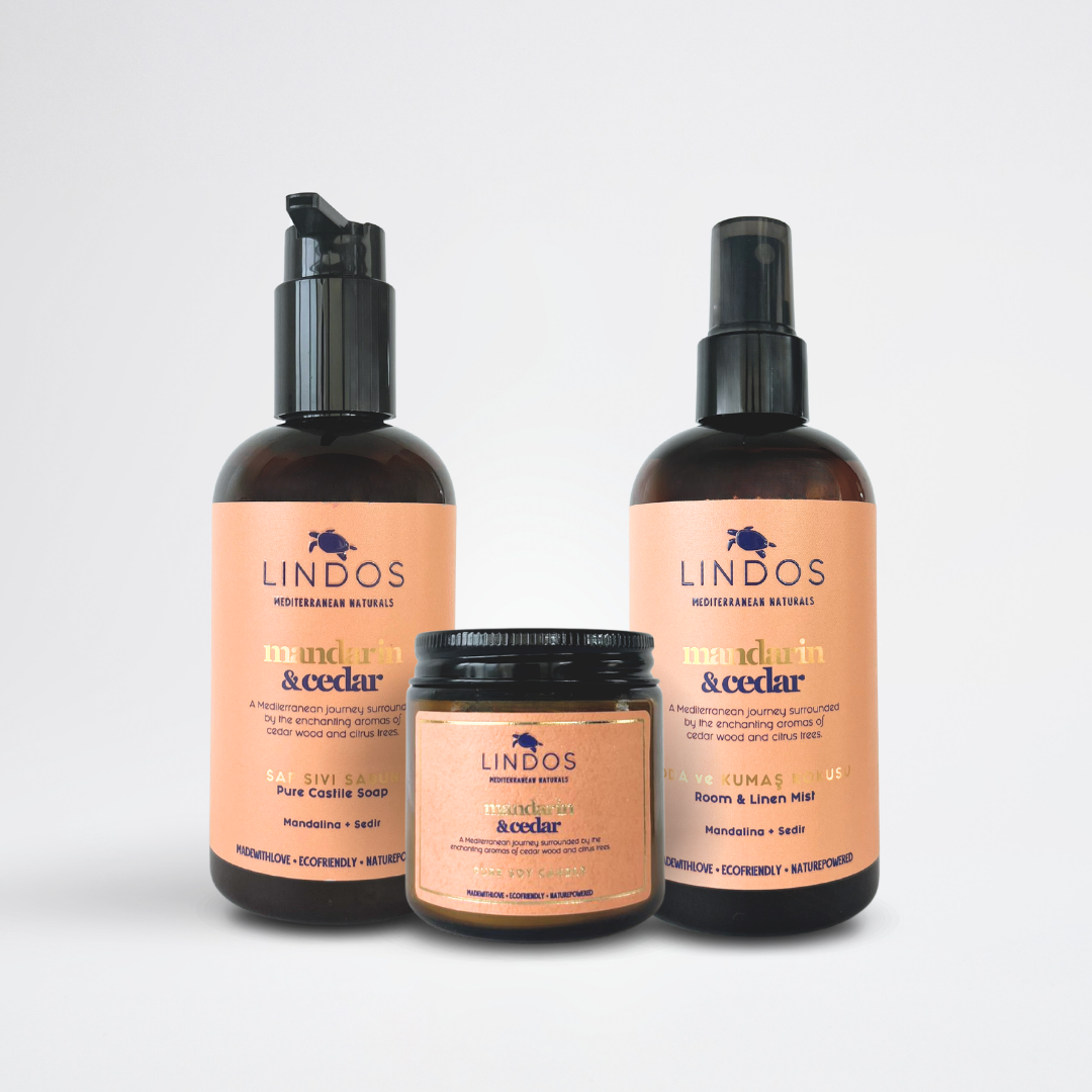 Lindos Naturals Mandarin & Cedar Özel Koleksiyon Seti – Akdeniz esintili uçucu yağ aromalı doğal temizlik ürünleri koleksiyonu