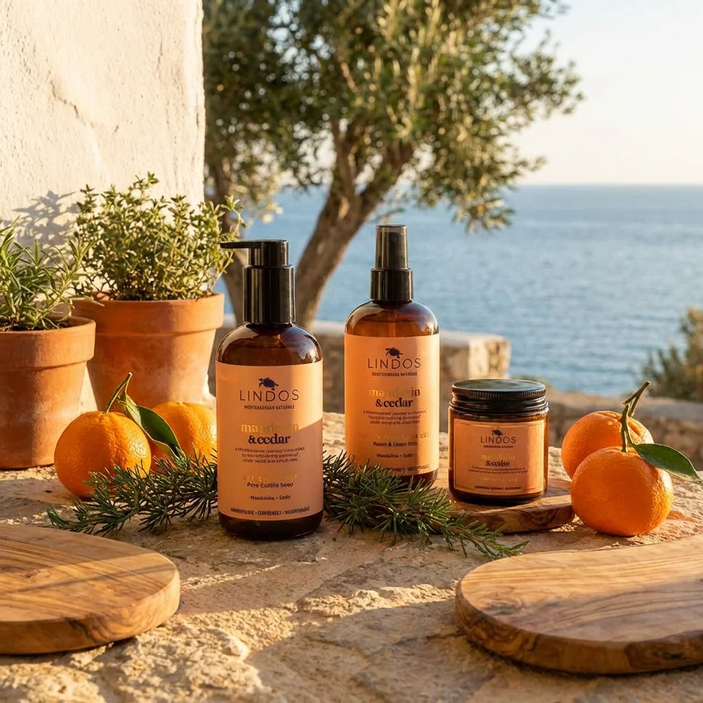 Lindos Naturals Mandarin & Cedar Özel Koleksiyon Seti – Akdeniz esintili uçucu yağ aromalı doğal temizlik ürünleri koleksiyonu
