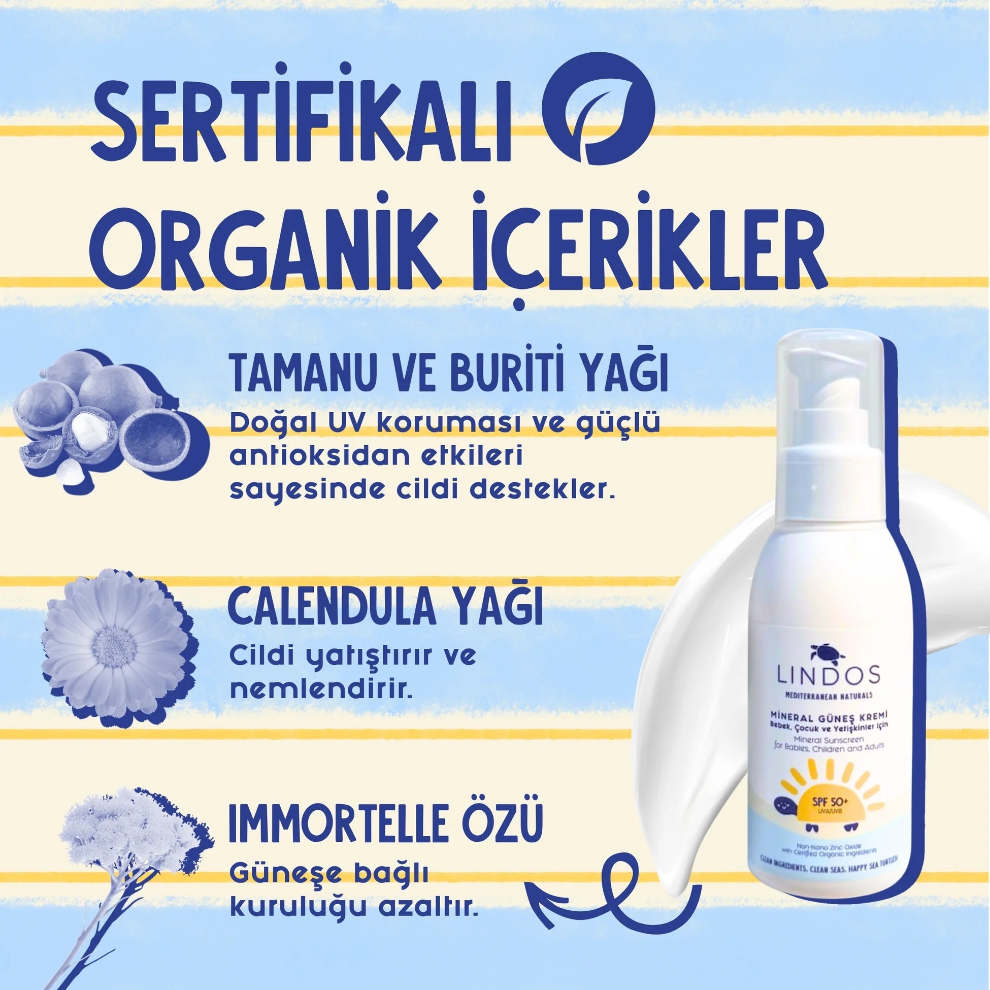 Lindos Naturals Organik Mineral Güneş Kremi SPF50+ – Bebek, çocuk ve yetişkinler için sertifikalı organik, doğal içerikli güneş koruyucu krem