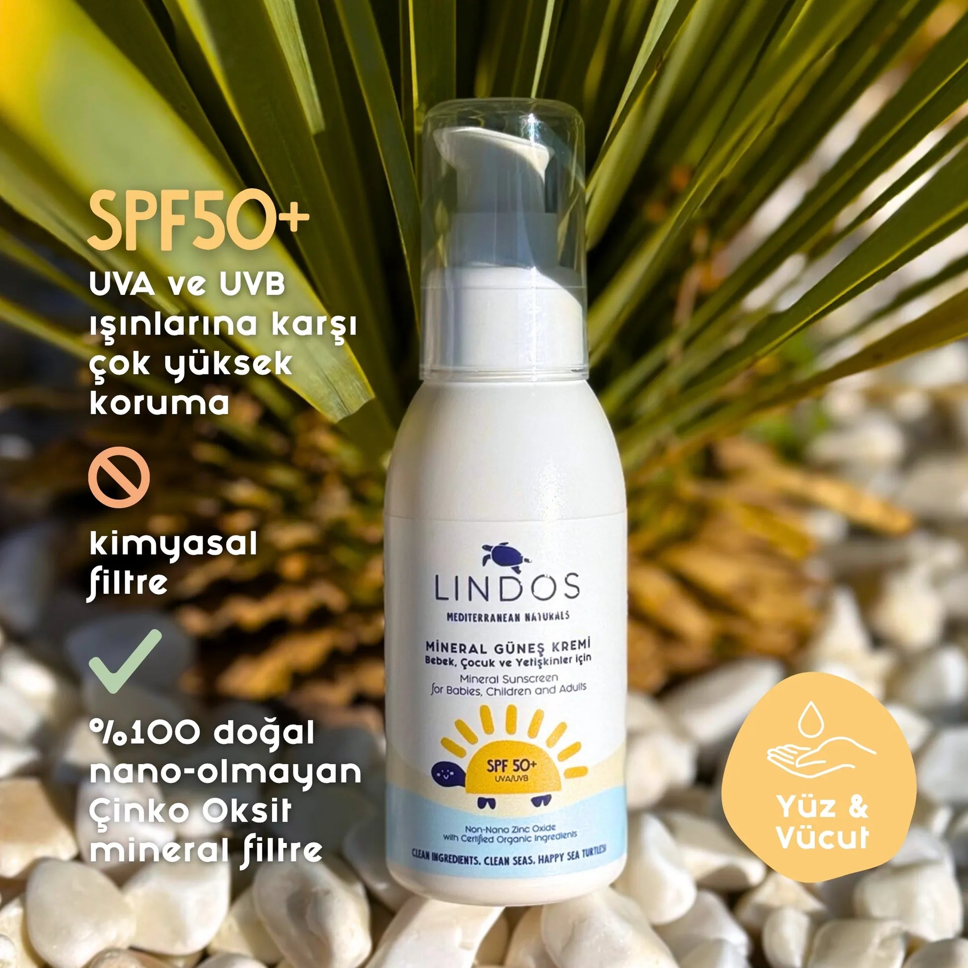 Lindos Naturals Organik Mineral Güneş Kremi SPF50+ – Bebek, çocuk ve yetişkinler için sertifikalı organik, doğal içerikli güneş koruyucu krem