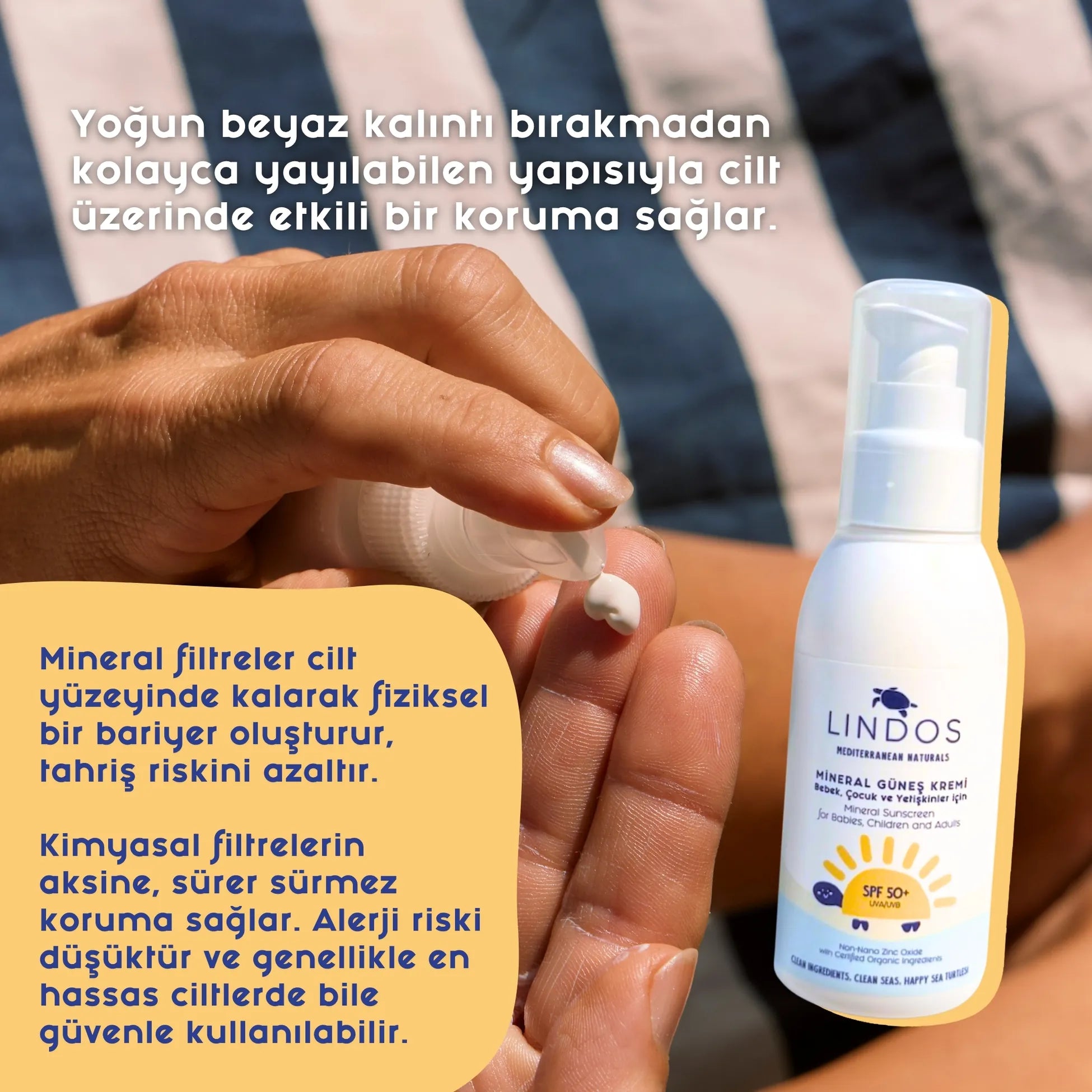 Lindos Naturals Organik Mineral Güneş Kremi SPF50+ – Bebek, çocuk ve yetişkinler için sertifikalı organik, doğal içerikli güneş koruyucu krem