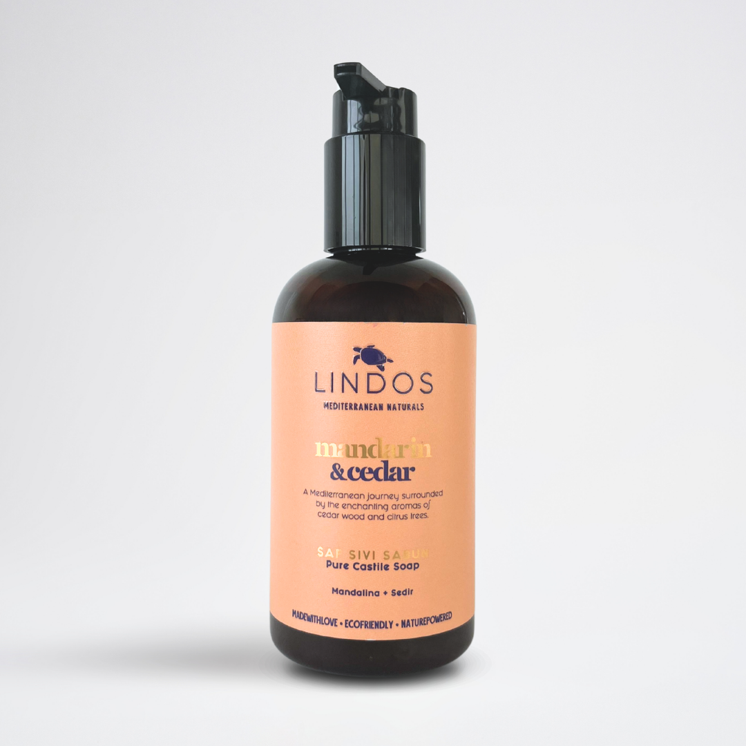 Lindos Naturals Saf Sıvı Kastil Sabunu Mandarin & Cedar – Zeytinyağı bazlı, Akdeniz aromalı çok amaçlı doğal bitkisel sıvı sabun